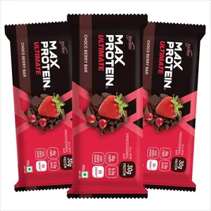 RiteBite Max Protein Ultimate Choco Berry 30g Protein Bar [Pack of 3] Protein Blend Fiber Vitamins & Minerals  No Preservatives 100% Veg No Added Sugar for Energy Fitness & Immunity - 300g
