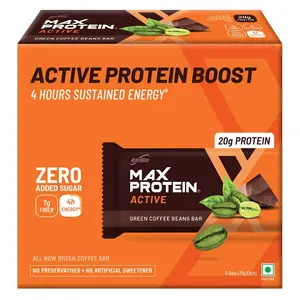 RiteBite Max Protein Active Green Coffee Beans 20g Protein Bar [Pack of 6] Protein Blend Fiber Vitamins & Minerals  No Preservatives 100% Veg No Added Sugar For Energy Fitness & Immunity - 420g