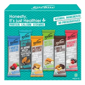 RiteBite Max Protein Nutrition Assorted Bar375g (Choco Delite-1*40g Yogurt Berry-1*35g Peanut Butter-2*40g Fruits & Seeds-2*35g Nuts & Seeds- 2*35g Sports Bar-2*40g) (Pack of 10)