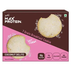 Max Protein Cookies Coconut Delite [Pack of 12 ] 7 Grain Breakfast Cookie loaded with Protein Fiber and calcium NO MAIDA GMO FREE NO Preservatives