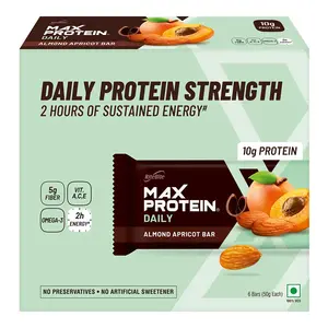 RiteBite Max Protein Daily Almond Apricot 10g Protein Bar [Pack of 6] Protein Blend Fiber Vitamins ACE  No Preservatives 100% Veg For Energy Fitness & Immunity - 300g