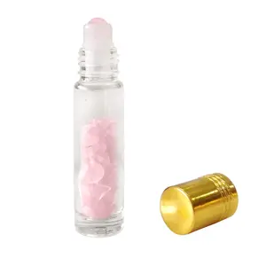 Shubhanjali Rose Quartz Roller Bottle Face MassagerGlass Roll On Bottle Essential OilsRefillable Roller Bottle With Natural Healing Crystal Rose Quartz Chips-Pink