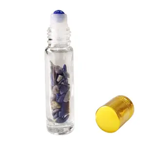 Shubhanjali Lapis Lazuli Roller Bottle Face MassagerGlass Roll On Bottle Essential OilsRefillable Roller Bottle With Natural Healing Crystal Lapis Lazuli Chips-Blue