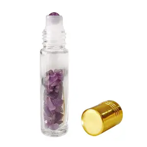 Shubhanjali Amethyst Roller Bottle Face MassagerRoll On Bottle Essential OilsRefillable Roller Bottle With Natural Healing Crystal Amethyst Chips-Purple