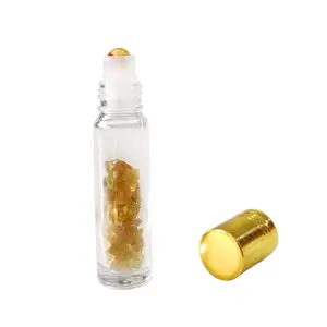 Shubhanjali Citrine Roller Bottle Face MassagerGlass Roll On Bottle Essential OilsRefillable Roller Bottle With Natural Healing Crystal Citrine Chips-Yellow