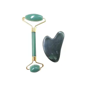 Maitri Export Green Jade Skin Care Healing EquipmentMassage Relaxation ScrapGua Sha Scraping Massage Guasha Board Tool Roller For FaceReiki Facial Stone Combo (Green Jade)