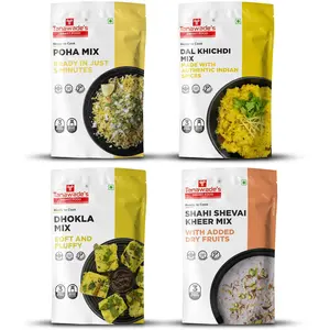 Tanawade's Smart Food Light Meal Combo-05 Poha Mix Moong Dal Khichdi Mix Dhokla Mix Shahi Shevai Kheer Mix Ready to Cook Home Food with Hand Picked Flavours Pack of 4 (one of Each)