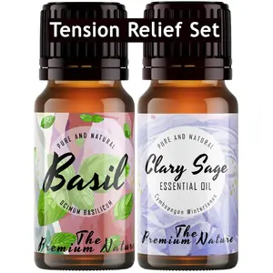 The Premium Nature Basil Essential Oil & Clary Sage Oil - Tension Relief Set to Ease Stressful Headaches - Pure Therapeutic 2x10 Ml