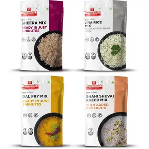 Tanawade's Smart Food Light Meal Combo-07 Sheera Mix Jeera Rice Mix Dal Fry Mix Shahi Shevai Kheer Mix Ready to Cook Home Food with Hand Picked Flavours Pack of 4 (one of Each)