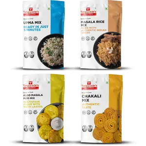 Tanawade's Smart Food Light Meal Combo-06 Upma Mix Masala Rice Mix Aloo Masala Puri Mix Chakali Bhajani Mix Ready to Cook Home Food with Hand Picked Flavours Pack of 4 (one of Each)