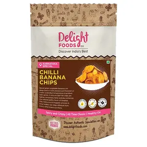 Delight Foods Chilli Banana Chips 200g - Karnataka Classic Snacks |Fried in Cold Pressed Sunflower Oil | No Preservatives | Namkeen | Savory | Spicy Banana Chips