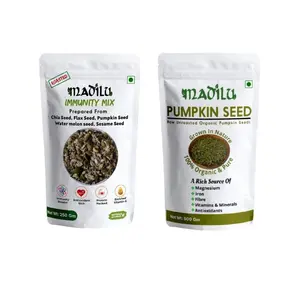 MADILU Organics Roasted Seeds Mix Immunity Mix (250 g) + Organic & Premium Raw Pumpkin Seed - Protein and Fibre Rich Superfood (250Gm)