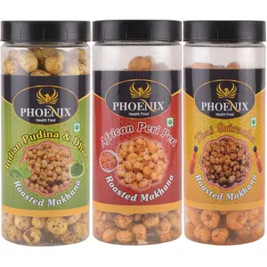 Phoenix Roasted Makhana Health Food Multi Flavour | Thai Sriracha| African Peri Peri| Indian Dhania & Pudina| Pack of 3 - 100g Each