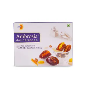 Ambrosia Delicatessen Assorted Dates from the Middle East with Filling - 250 GMS | 100% Natural Filled Khajoor Khajur | Dry Fruit | Preservative Free | Vegan | Immunity Booster | Healthy & Nutritious Snacks Desserts | Rich in Antioxidant Iron Vitamins & P