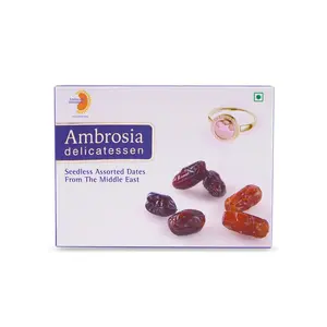 Ambrosia Delicatessen Seedless Assorted Dates from the Middle East - 250 GMS | 100% Natural Arabian Khajoor Khajur | Dry Fruit | Preservative Free | Vegan | Immunity Booster | Healthy & Nutritious Snacks Desserts | Rich in Antioxidant Iron Vitamins & Prot