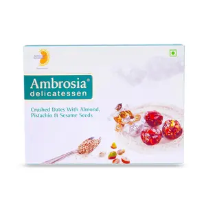 Ambrosia Delicatessen Crushed Dates with Almond Pistachio and Sesame Seeds - 250 GMS | 100% Natural Filled Khajoor Khajur | Dry Fruit | Preservative Free | Vegan | Immunity Booster | Healthy & Nutritious Snacks Desserts | Rich in Antioxidant Iron Vitamins