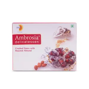 Ambrosia Delicatessen Crushed Dates with Roasted Almond - 250 GMS | 100% Natural Filled Khajoor Khajur | Dry Fruit | Preservative Free | Vegan | Immunity Booster | Healthy & Nutritious Snacks Desserts | Rich in Antioxidant Iron Vitamins & Proteins