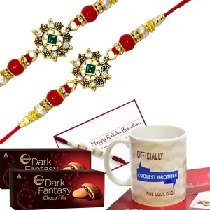 Ascension2 Elegant Design rakhi Kundan Meena Rakhi Raksha Bandhan Gift Band Moli Bracelet Wristbands Stone Pearl Designer Rakhi & 2 Dark Fantasy Cookies Mug with Card & Roli Tilak Pack