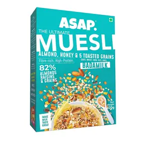 ASAP Wholegrain Muesli Badam Milk 82 % Almonds Raisins and 5 Toasted Grains Healthy Multigrain Granola with Nuts Omega-3 & Fibre rich 420 Gm