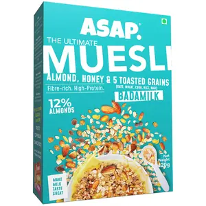 ASAP Wholegrain High Protein Breakfast Muesli with flavour of Badam Milk - 82% Almonds Raisins and 5 Toasted Grains with Nuts | Omega-3 & Rich in Fibre | 420g Pack of 1 BOX