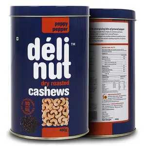 Delinut Premium Roasted Cashew Nuts - Peppy Pepper - 400 Grams Tin Crispy Dry Roasted Cashews 100% Natural Hygienically Packed No Added Oil or Preservatives Zero Cholesterol