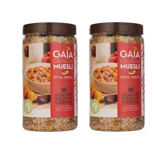 Gaia Crunchy Muesli Real Fruit - Flakes Oats Almond Raisins & Real Fruit Power-Packed Low Calorie Healthy Breakfast. 1KG Jar (Pack of 2)
