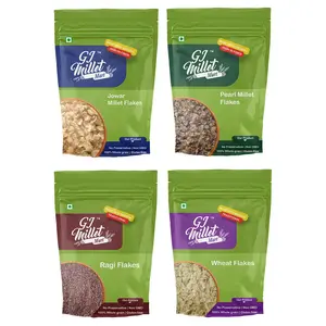 GJ MILLET MART Wheat Flakes Jowar Flakes Bajra Flakes Ragi Flakes - 4 x 500g (Breakfast Cereal | Low GI | High Protein | High Fibre)