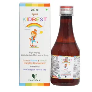 HealthBest Kidbest Multivitamin & Multimineral Syrup for Kids with Pencils | Zinc | Iodine | Vitamin A C & E | 200 ML | With a Box of Eco Friendly Pencils
