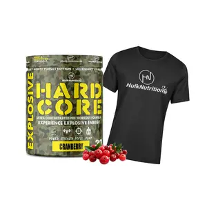 Hulk Nutrition Hardcore Pre-Workout Supplement Energy Drink with Creatine Monohydrate Arginine AAKG Beta-Alanine Explosive Muscle Pump Caffeinated Punch - Men & Women [30 Cranberry] Free T-Shirt