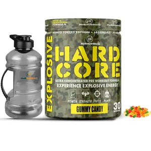 HulkNutrition Hardcore Pre-Workout Supplement Energy Drink with Creatine Monohydrate Arginine AAKG Beta-Alanine Explosive Muscle Pump Caffeinated Punch - For Men & Women [30 Servings Gummy Candy] Free Gallon Shaker Bottle