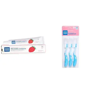 Mee Mee Fluoride-Free Toothpaste Strawberry 70g and Mee Mee Easy Grip Baby Toothbrush Blue Pack of 3