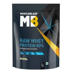 MuscleBlaze Raw Whey Protein Concentrate 80% with Added Digestive Enzymes Labdoor USA Certified (Unflavoured 1 kg / 2.2 lb)
