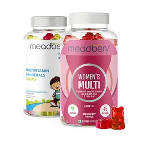 Meadbery Multivitamin Gummies for Women & Kids (Combo Pack) Immunity with Vitamins A C D E B12 and 8 Minerals Strawberry & Lemon Flavour 45+30 Gummy Bears One per day