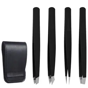 NJ Stainless Steel Slant Tip and Pointed Eyebrow Tweezer Set with travel case 4 Pcs (Black)