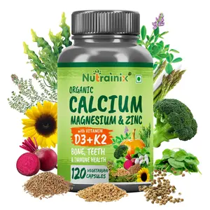 Nutrainix Plant Based Organic Calcium Magnesium Zinc D3 & K2 Supports Bone Health 120 Count