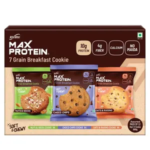 RiteBite Max Protein 7 Grain Breakfast Cookies - Assorted ( Pack of 12 (660g) ) - Choco Chips Oats & Raisins Nuts & Seeds. Protein | Fiber | Calcium | No Maida | GMO Free | No Preservatives | Oats | Ragi | Quinoa | On the go Snack | Soft & Chewy