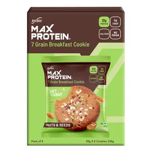 RiteBite Max Protein 7 Grain Breakfast Cookies - Nuts & Seeds 330 g - Pack of 6 ( 55g x 6 ) Protein | Fiber | Calcium | No Maida | GMO Free | No Preservatives | Oats | Ragi | Quinoa | On the go Snack | Soft & Chewy