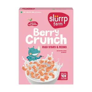 Slurrp Farm Berry Crunch Strawberry Cereal | No Maida No Refined Sugar No Added Colour | Ragi Stars and Moons | Healthy Breakfast | 400 g