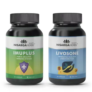 Nisarga Herbs Livosone (Remove Toxins & Supports Healthy Liver Function) & Imuplus (Healthy Immune Response) - 100% Organic Ayurvedic & Natural - 60 Capsules Each (Combo Pack)