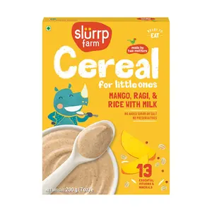 Slurrp Farm Baby Cereal Ragi Rice and Mango with Milk Instant Healthy Food NO Sugar NO Salt Made with Natural Grains and Dates Powder 200 g