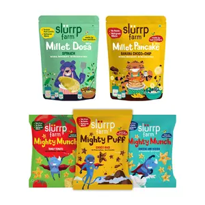 Slurrp Farm Protein Breakfast Combo Pack of 5 | Healthy Breakfast Food | Instant Dosa Mix with Dal | No Maida Banana Chocochip Pancake Mix | Mighty Puff- 3 Flavours- Healthy Snacks Not Fried