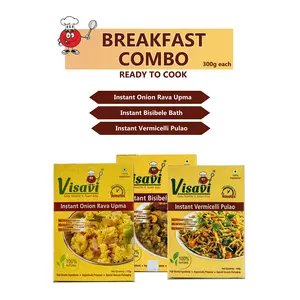 Visavi Food Ventures Tasty & Super Easy Breakfast Combo Ready to Cook (Besibele BathVermicili Pulao Onion Rava Upma)270g