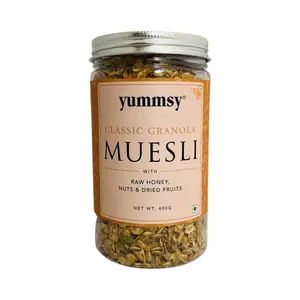 Yummsy Classic Granola Muesli! 9g Protein Breakfast Muesli with NO REFINED SUGAR & GLUTEN FREE - 25% Nuts Raisin & Seeds. (400g Jar).