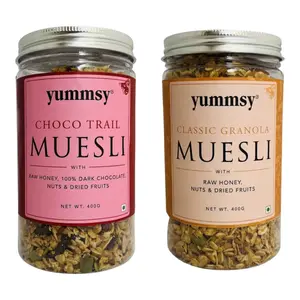 Yummsy Classic Granola Muesli + Choco Trail Mix Muesli. Sugar Free High in Protein & Gluten Free.