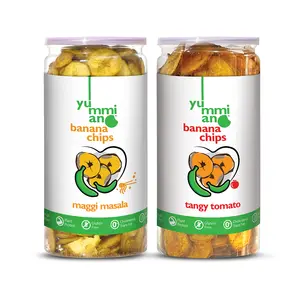Yummiano Banana Chips - Authentic Vacuum Cooked Banana Chips Zero Cholesterol Healthy Snacking with High Nutrient Content Gluten Free No Added Preservatives - Pack of 2 (175g Each) (Flavour: Maggi Masala + Tangy Tomato)