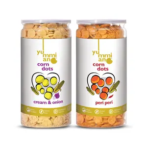 Yummiano Corn Dots - Vacuum Cooked Corn Chips Zero Cholesterol Healthy Snacking with High Nutrient Content No Added Preservatives Gluten Free - Pack of 2 (220g Each) (Flavour: Cream & Onion + Peri Peri)
