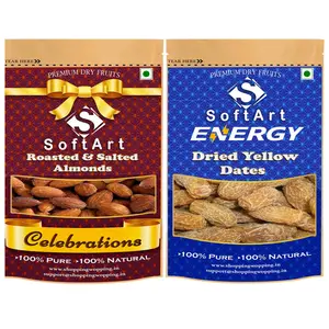 Soft Art Dry Fruits Combo of Roasted Salted Almonds and Dried Yellow Dates Khajoor (100g Each)