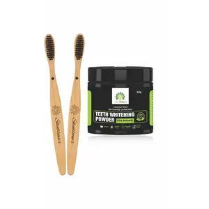 Skinblooms Teeth Whitening Powder with Active Charcoal and Coconut Shell With Bamboo Toothbrushes | BPA Free Soft Bristles 2 Toothbrushes- Mint Flavour (50g)