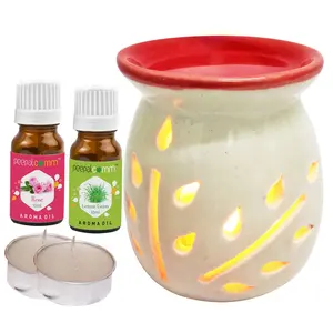 PeepalComm Ceramic Aroma Diffuser with Rose Lemongrass Aroma Oil with 2 Tlight Candle Free for Home Office Hotel Spa