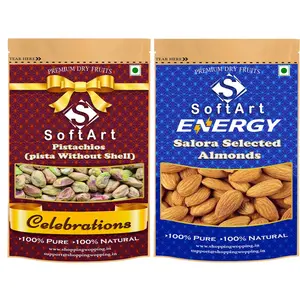 Soft Art Dry fruits combo of Pista Kernels Without Shell & Salora Selected Almonds (Badam) (100g Each) Vacuum Pack